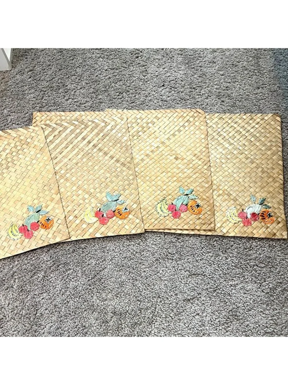Set Of 4 Vintage Woven Straw Placemats With Embroidered Fruit Design